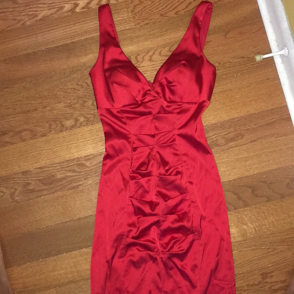 Cache Red Satin Ruched Midi Dress